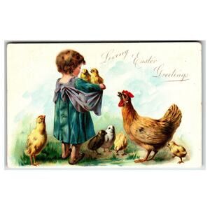 Tucks Edwardian Easter Greetings Postcard Child Chicks Hen Vintage Antique